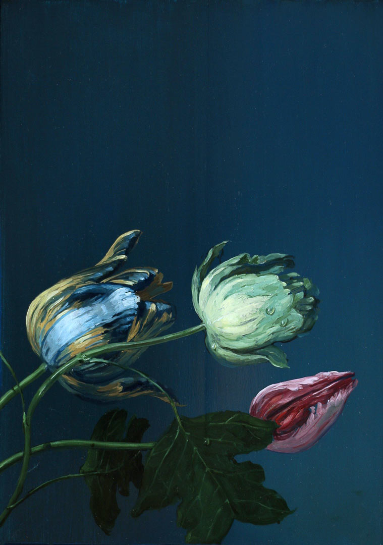 Les tulipes. Huile sur bois, 33 x 24 cm, 2019.